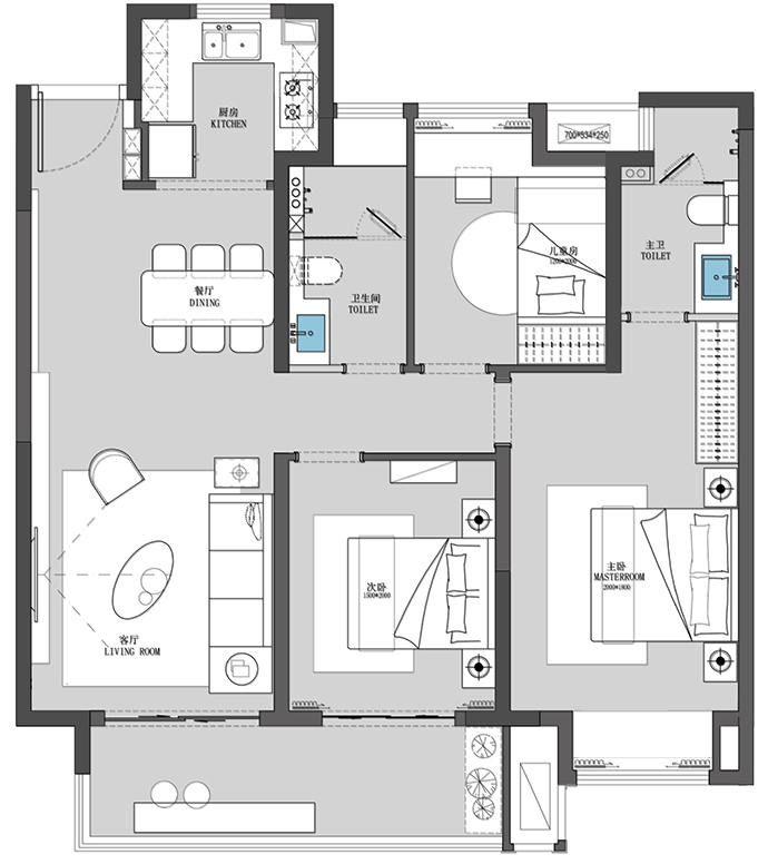 成都全包装修公司非梵家家居装修案例：103平3室2厅大平层户型图